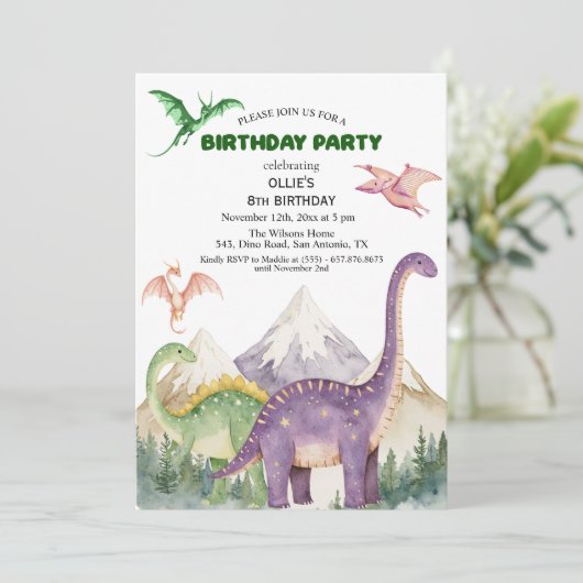 恐竜と山カラフルの8th誕生日パーティー 招待状 (スタンド正面)
