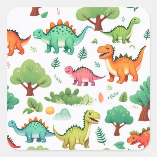 恐竜と木は白い模様 スクエアシール (正面)