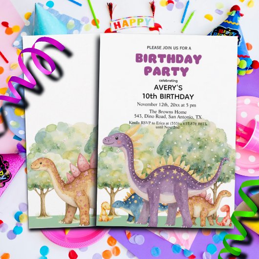 恐竜と木カラフルの10歳の誕生日パーティー 招待状