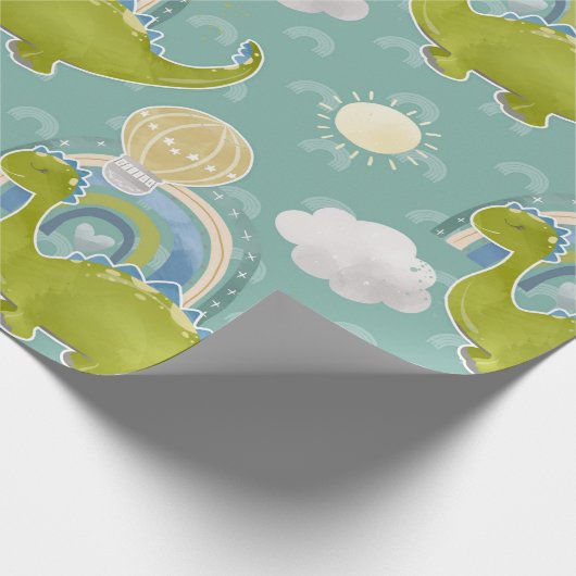 恐竜と熱気球の赤ちゃんシャワーパターン ラッピングペーパー (角)