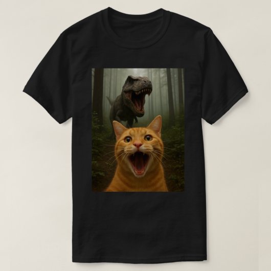 恐竜と猫のセルフィー | 猫のセルフィーアート Tシャツ (デザイン正面)