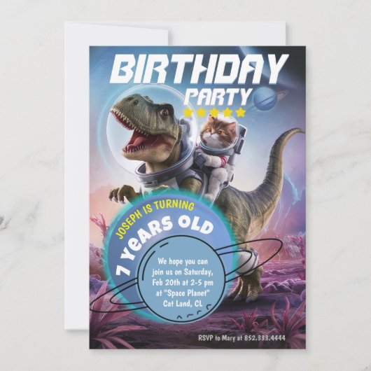 恐竜と猫の宇宙飛行士の誕生日パーティー 招待状 (正面)