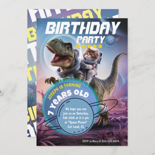 恐竜と猫の宇宙飛行士の誕生日パーティー 招待状 (正面/裏面)