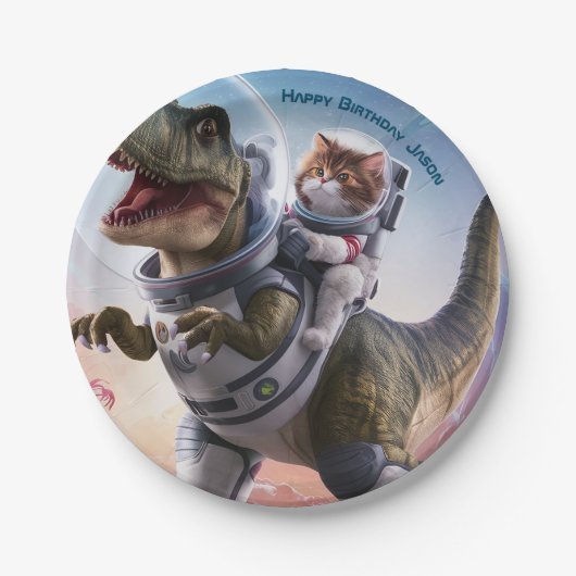 恐竜と猫宇宙飛行士のカスタマイズ ペーパープレート (正面)