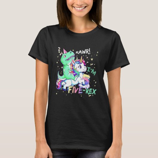 恐竜にまたがるユニコーン おもしろTレックス 5歳児 Tシャツ (正面)