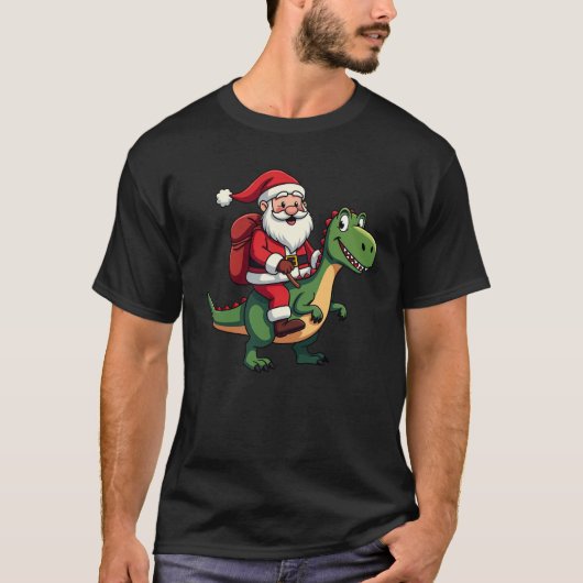 恐竜に乗ったサンタクロース最高のクリスマスギフト Tシャツ (正面)