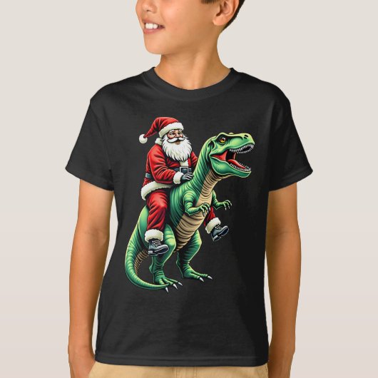 恐竜に乗ったサンタクロース Tシャツ (正面)