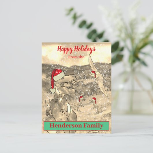 恐竜のおもしろいクリスマスTレックスサンタファミリー名 シーズンポストカード (スタンド正面)