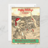 恐竜のおもしろいクリスマスTレックスサンタファミリー名 シーズンポストカード (正面/裏面)