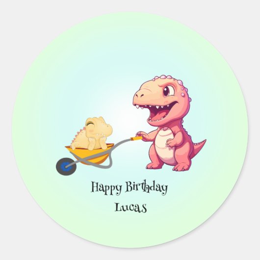 恐竜のおもしろいストロー誕生日男の子パーティー ラウンドシール (正面)