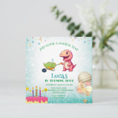 恐竜のおもしろいストロー誕生日男の子パーティー 招待状 (スタンド正面)