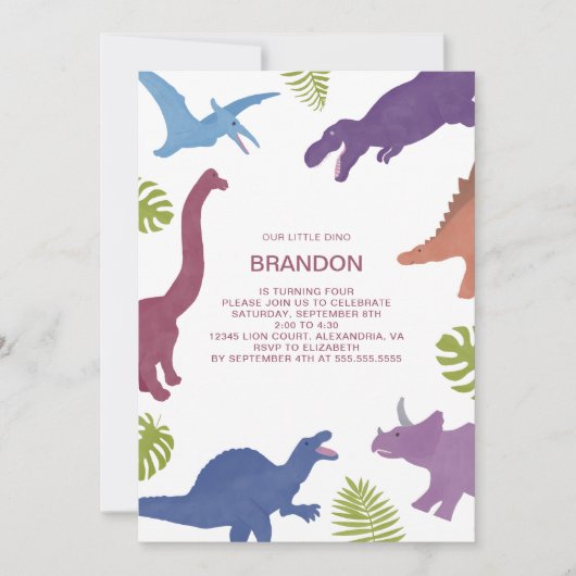 恐竜のかわいいディノキッズバースデーパーティー 招待状 (正面)