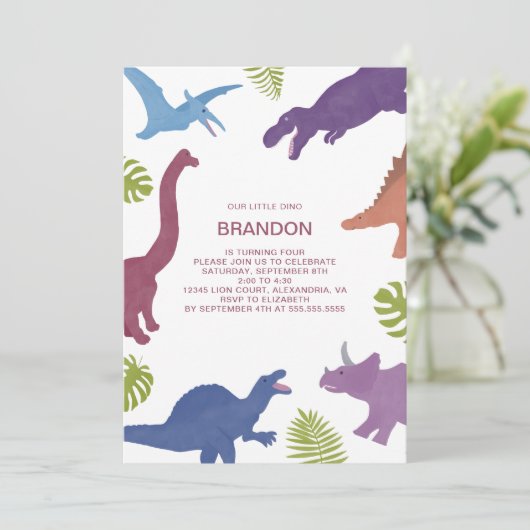 恐竜のかわいいディノキッズバースデーパーティー 招待状 (スタンド正面)