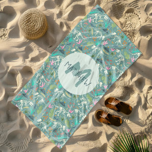 恐竜のかわいい恐竜の化石パターン&モノグラムボーイズ ビーチタオル