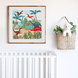 恐竜のかわいい歴史的なジャングルキッズ ポスター