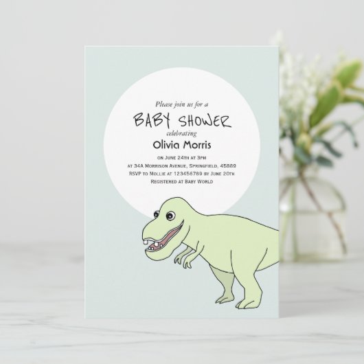 恐竜のかわいい男の子の赤ちゃんシャワー 招待状 (スタンド正面)