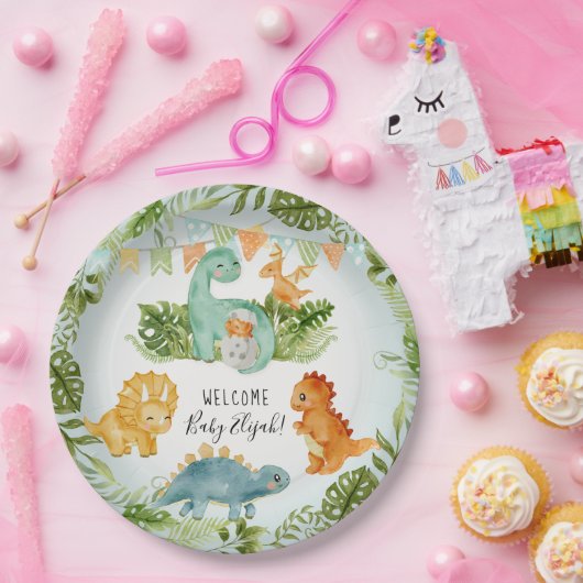 恐竜のかわいい葉の水彩男の赤ちゃんシャワー ペーパープレート (パーティー)