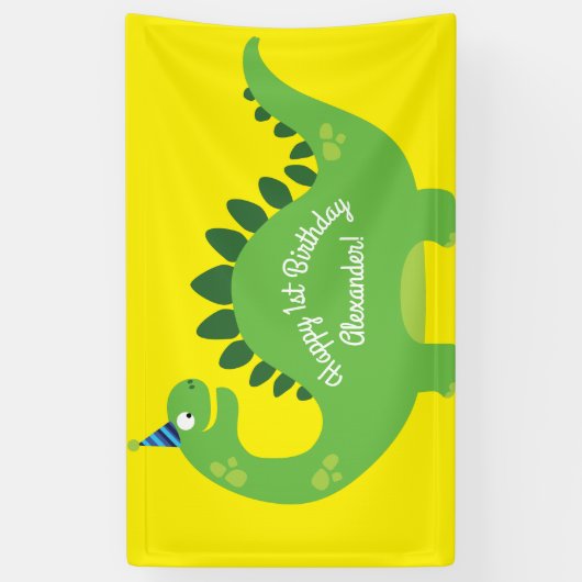 恐竜のかわいい1歳の誕生日パーティーバナーデコール 横断幕 (縦)