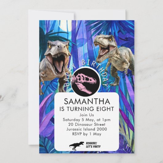 恐竜のようなカッコイイ女の子の誕生日 招待状 (正面)