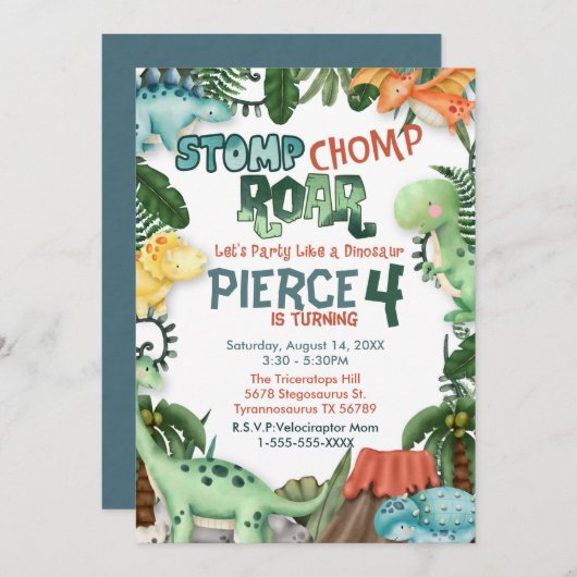 恐竜のようにパーティしよう!誕生日招待状 招待状 (正面/裏面)