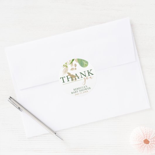 恐竜のエレガント緑と金ゴールドの赤ちゃんシャワー ラウンドシール (封筒)