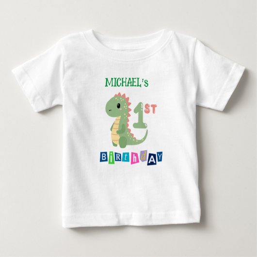 恐竜のカスタムデザイン 1歳誕生日Tシャツ キッズ用 ベビーTシャツ (正面)
