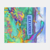 恐竜のカラフルパーソナライズされた青 フリースブランケット (正面(横))