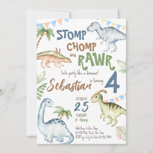 恐竜のカラフル幼児の誕生日パーティー 招待状 (正面)