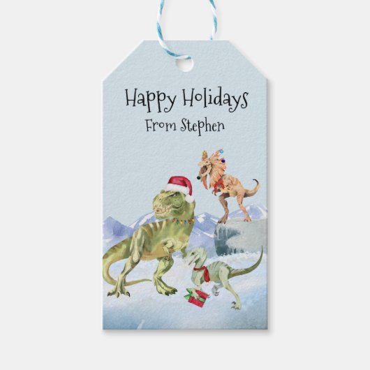 恐竜のクリスマスのティラノサールラプターパーソナライズされた ギフトタグ (正面)