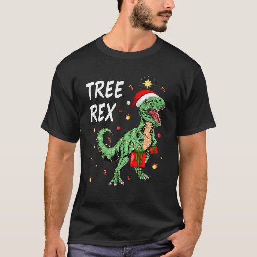 恐竜のクリスマスパジャマの木のレックス男少年の子供 Tシャツ (正面)