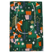 恐竜のクリスマスパーティーグリーン ミディアムペーパーバッグ (正面)