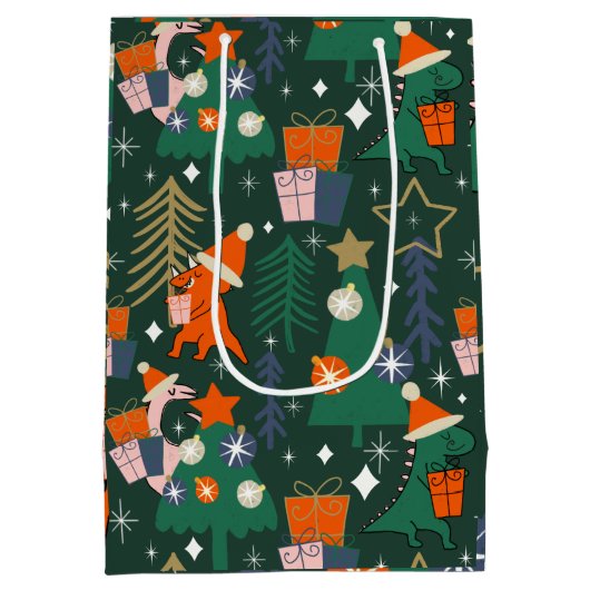 恐竜のクリスマスパーティーグリーン ミディアムペーパーバッグ (裏面)