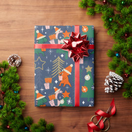 恐竜のクリスマスパーティーブルー ラッピングペーパー