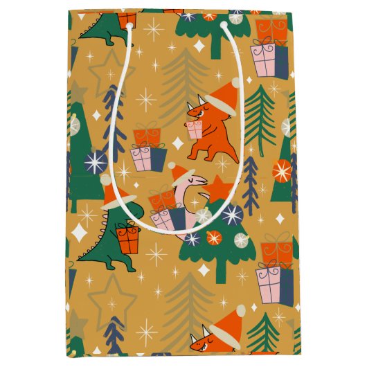 恐竜のクリスマスパーティー黄色 ミディアムペーパーバッグ (正面)