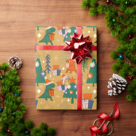 恐竜のクリスマスパーティー黄色 ラッピングペーパー