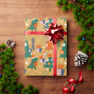 恐竜のクリスマスパーティー イエロー ラッピングペーパー