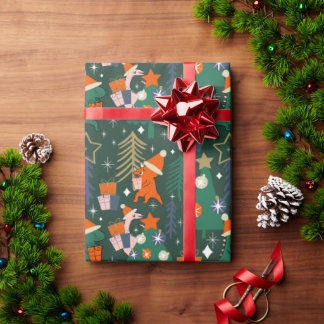 恐竜のクリスマスパーティー グリーン ラッピングペーパー