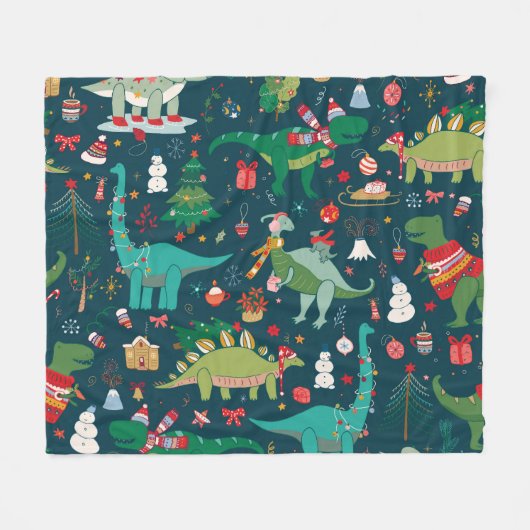 恐竜のクリスマス:新年おめでとう フリースブランケット (正面(横))