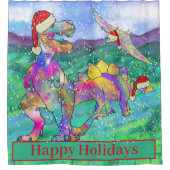 恐竜のクリスマスTレックスおもしろいサンタ雪のシーン シャワーカーテン (正面)