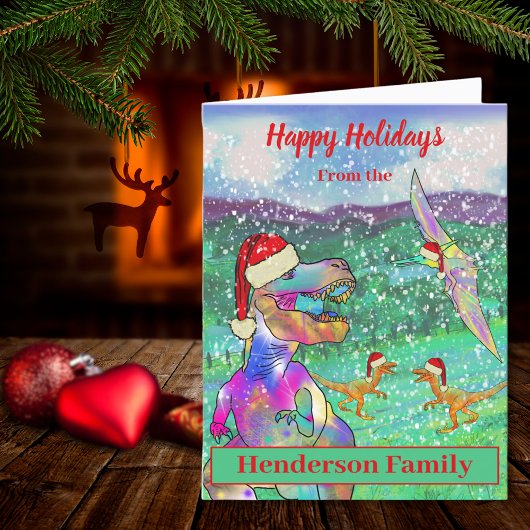 恐竜のクリスマスTレックスサンタパーソナライズされた シーズンカード