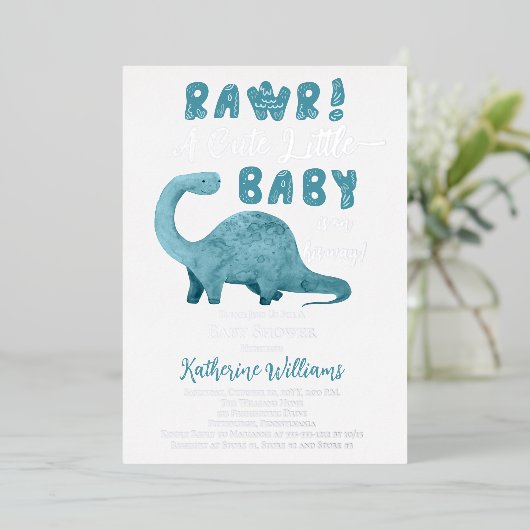 恐竜のシャワーの途中で可愛いベビーを吹き飛ばす 箔招待状 (立ち正面)