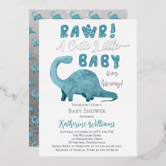 恐竜のシャワーの途中で可愛いベビーを吹き飛ばす 箔招待状 (正面/裏面)