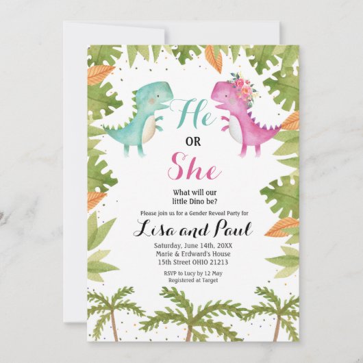 恐竜のジェンダーリビール招待状 招待状 (正面)