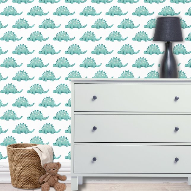 恐竜のステゴサウルス子供 壁紙 (Dinosaur wallpaper with stegosaurus design on white for boys bedroom, playroom or nursery.)