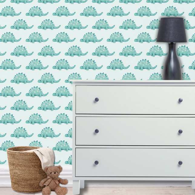 恐竜のステゴサウルス子供 壁紙 (Dinosaur wallpaper with stegosaurus design on mint background for boys bedroom, playroom or nursery.)