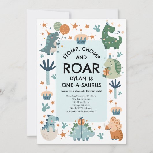 恐竜のストームチョンプと轟音の最初の誕生日 招待状 (正面)
