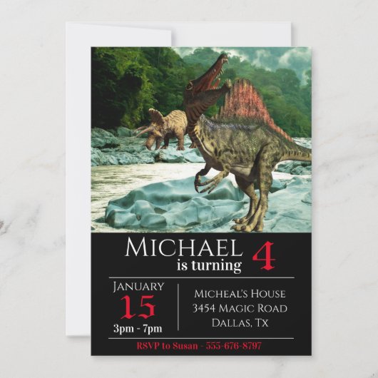 恐竜のスピノサウルスの風景の誕生日パーティー 招待状 (正面)