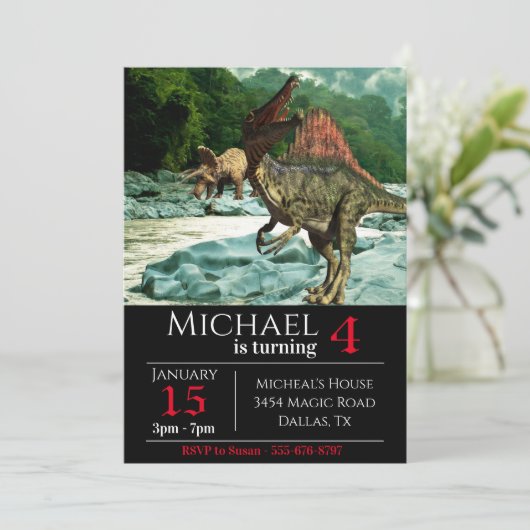 恐竜のスピノサウルスの風景の誕生日パーティー 招待状 (スタンド正面)