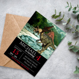 恐竜のスピノサウルスの風景の誕生日パーティー 招待状