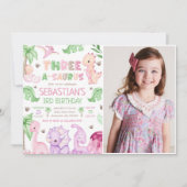 恐竜のスリー・ア・サウルスの女の子3歳の誕生日の写真 招待状 (正面)